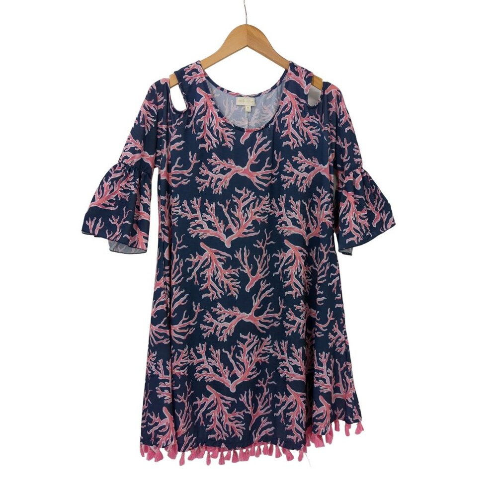 Simply Southern Dress Women M Blue Pink Shift Coral‎ Tassels Pockets Beachy